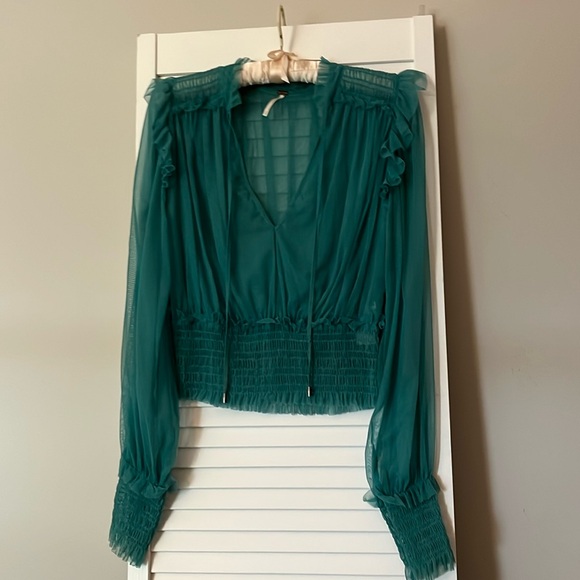 Free people Twyla top smocked %100 Nylon sheer blouse like new!!! - Picture 5 of 13